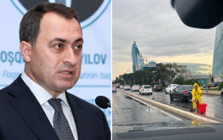 Coşqun Cəbrayılov yağışlı havada yolları süpürtdürür – Foto